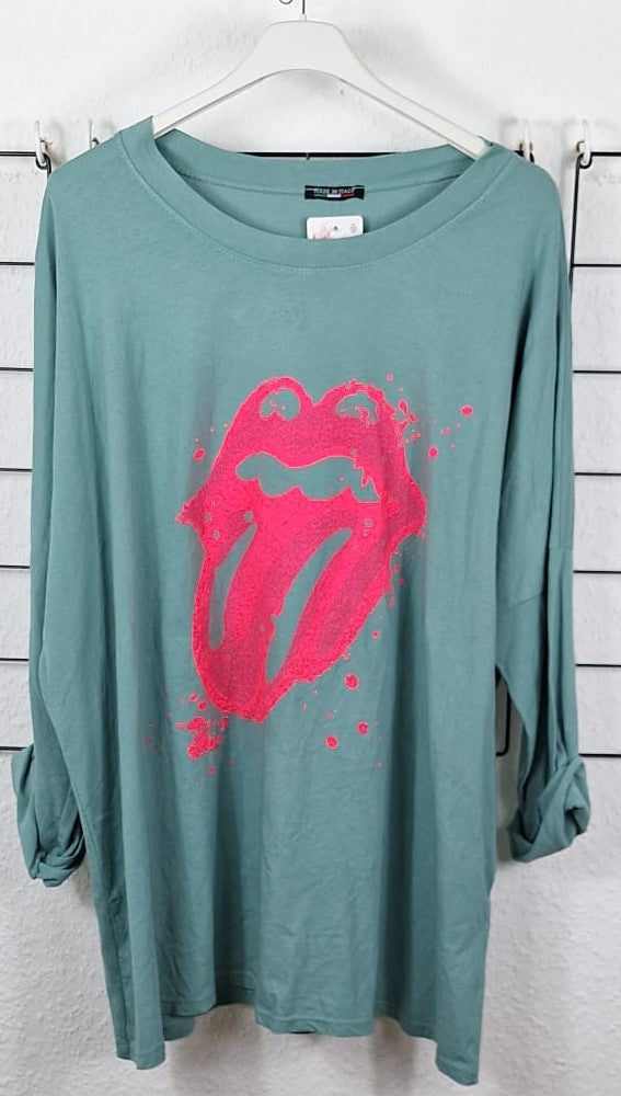 Damen Langarmshirt Mint Oversize Neon Zunge Print Baumwolle große Größen