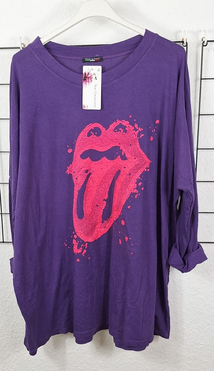Damen Langarmshirt Lila mit Neon Zunge Print Baumwolle große Größen