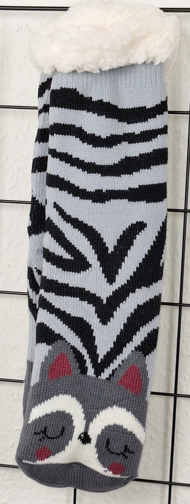 Grau-schwarze ABS-Socken mit Zebramuster und Waschbärmotiv – stylische Damen-Haussocken mit ABS