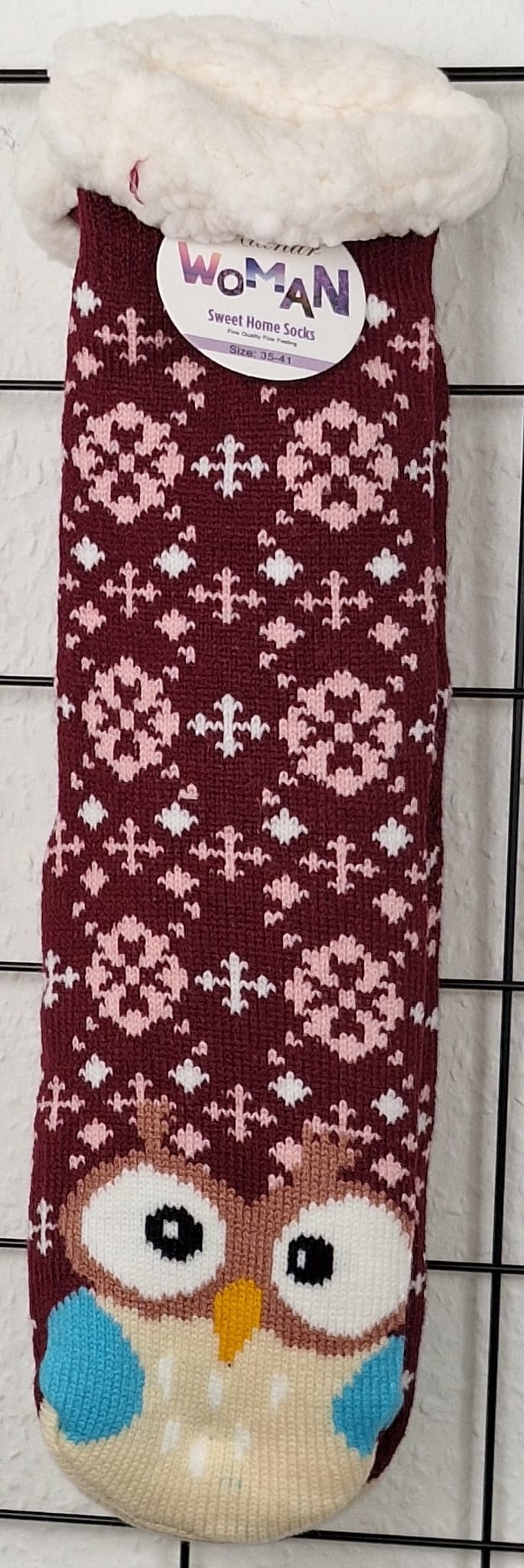 Weinrote ABS-Socken mit Wintermuster und Eulenmotiv – bequeme und warme Haussocken für Damen