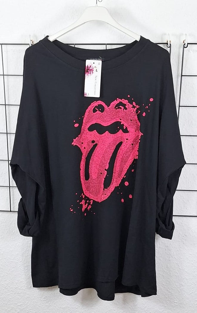 Damen Langarmshirt Schwarz mit Neon Zunge Print Oversize 48-54