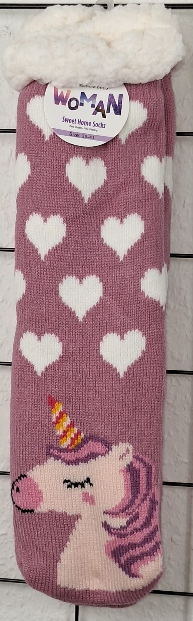 Altrosa ABS-Socken mit weißen Herzen und Einhornmotiv – rutschfeste Kuschelsocken für Damen
