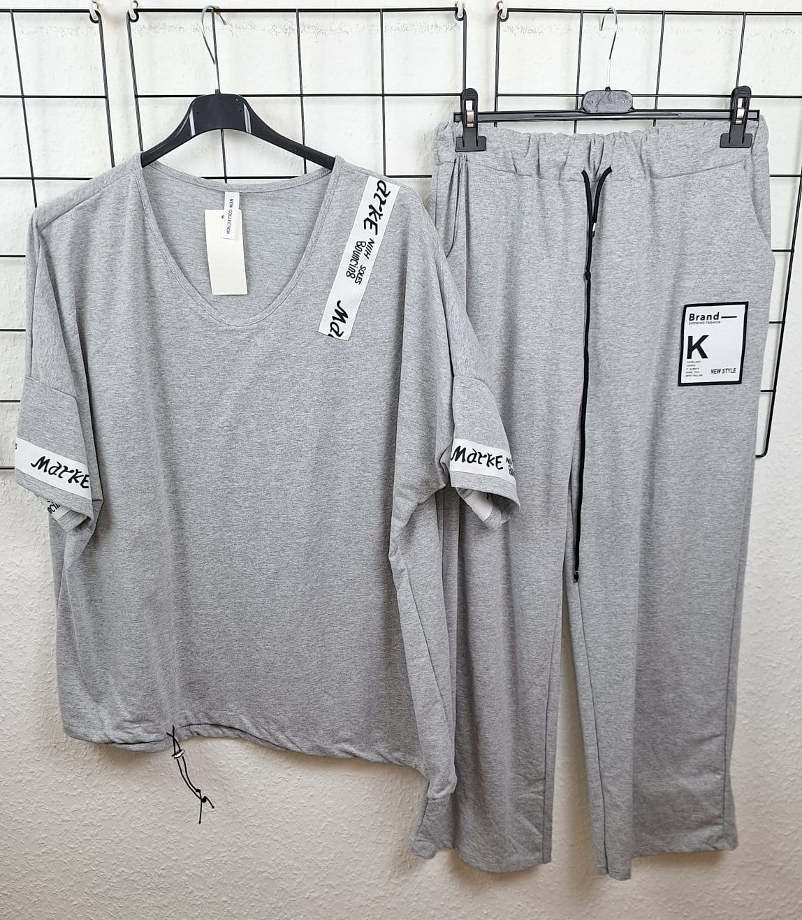 Modisches Damen Set in Hellgrau – Baumwoll-Zweiteiler Shirt & Hose für große Größen 46–52
