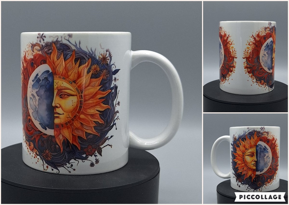 Mystische Tasse mit Sonne und Mond Motiv â Boho-Stil, 330 ml Keramik