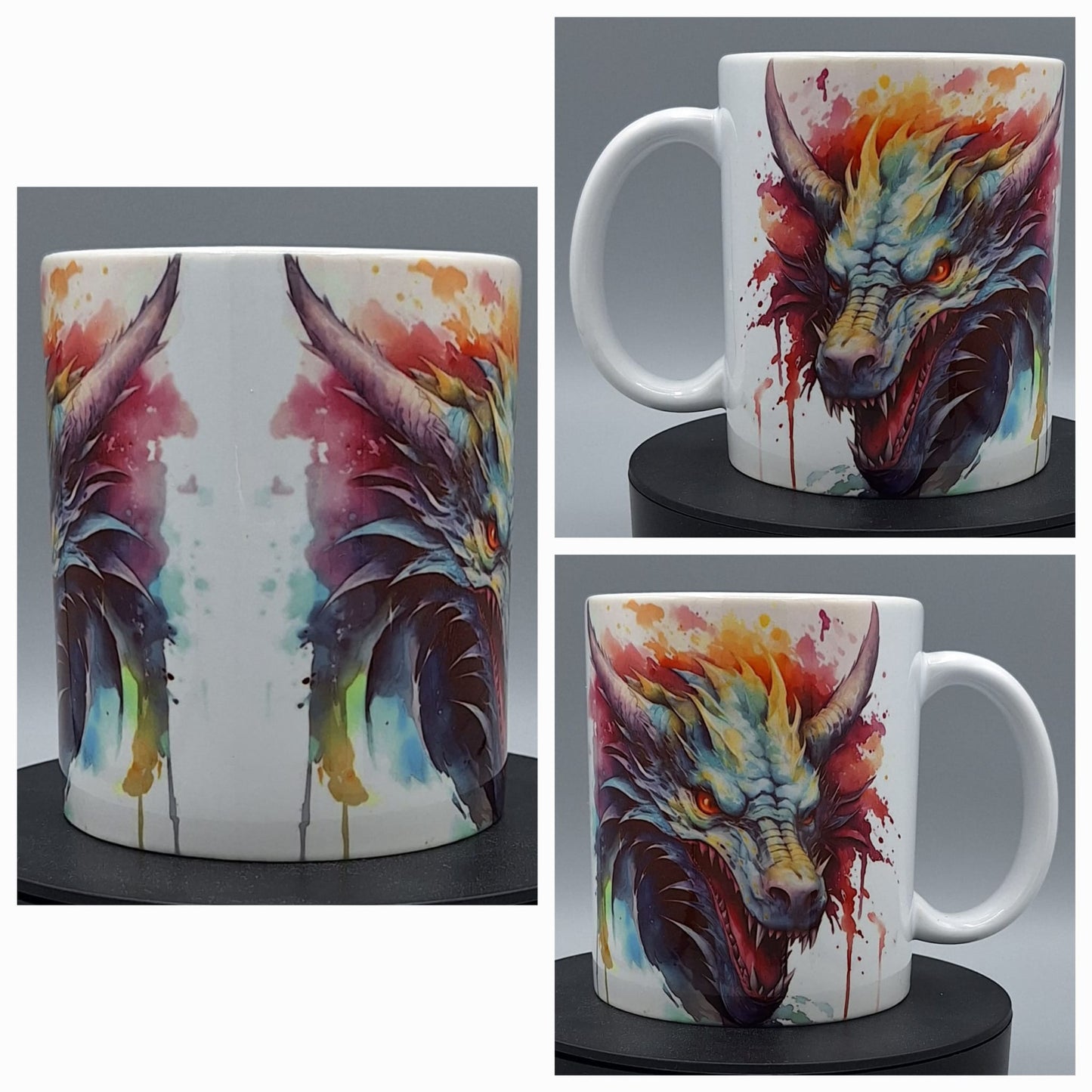 Weiße Kaffeetasse mit farbenfrohem Drachenmotiv im Aquarellstil – furchteinflößender, detailreicher Drachenkopf mit Hörnern, leuchtenden Augen und bunten Farbklecksen in Rot, Orange, Blau und Lila – ideal für Fantasy-Fans und als Geschenk.