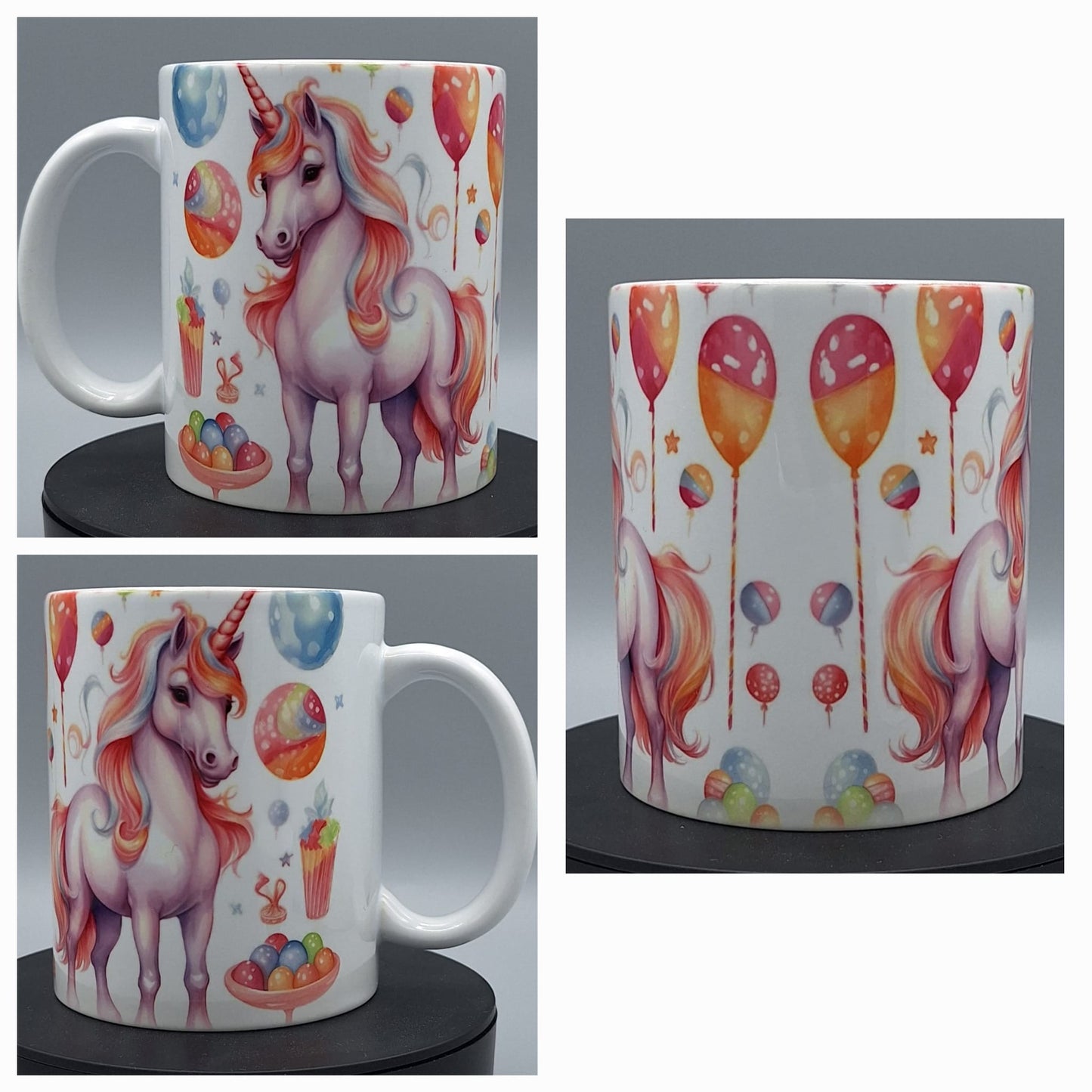 „Weiße Einhorn-Tasse mit buntem Partymotiv: Rosa-lila Einhorn mit pink-oranger Mähne, umgeben von Ballons, Lutschern und Süßigkeiten auf glänzender Keramik. Ideal für Kinder und Einhorn-Fans, 330 ml.“