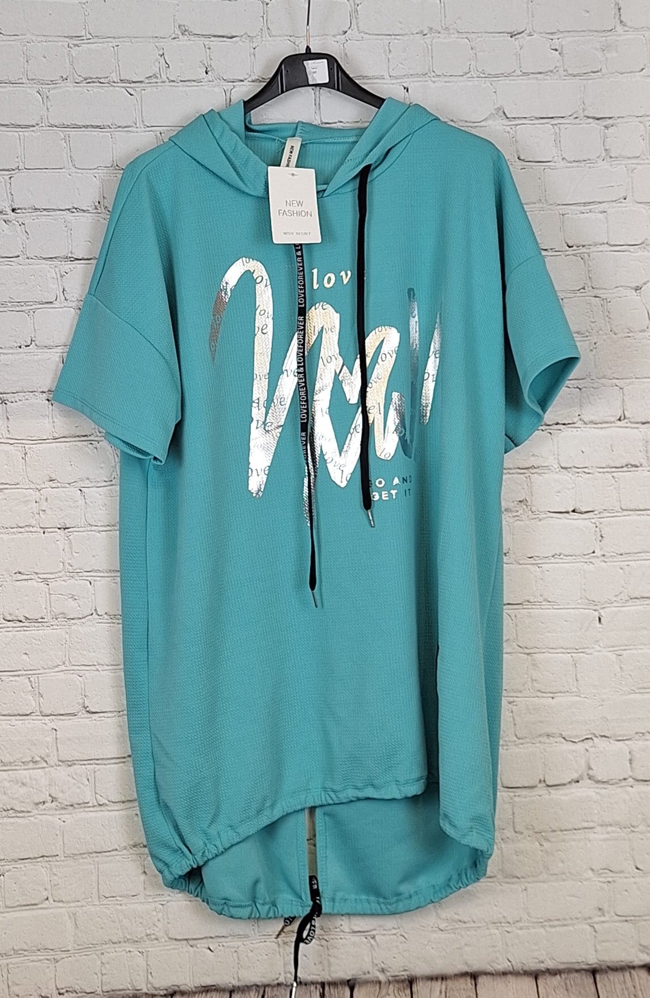 „Damen Hoodie T-Shirt in Mint – LOVE-Print, große Größen 48/50–52/54 – Kapuze, lockerer Schnitt, Baumwollmischung“