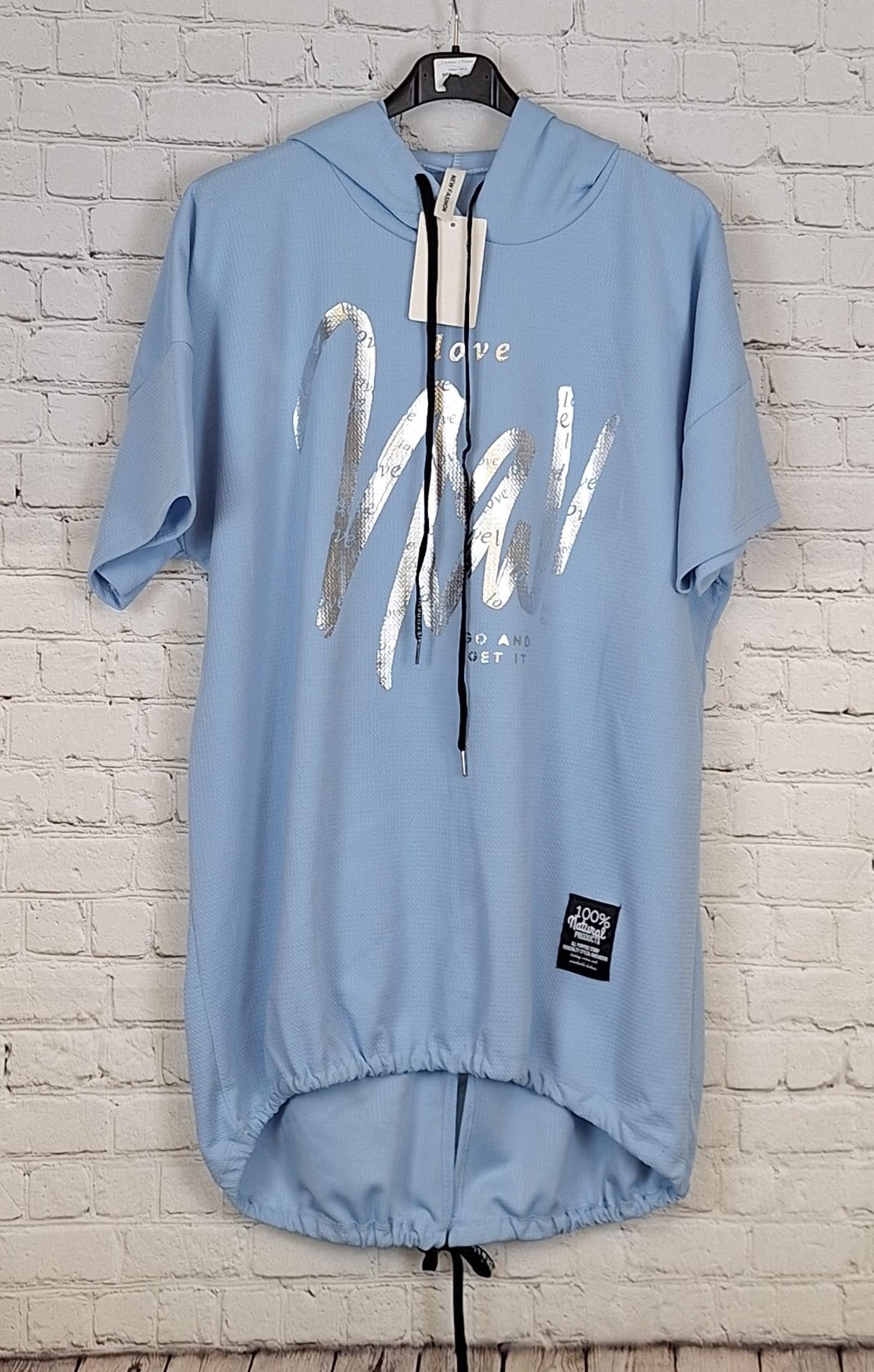 „LOVE Hoodie T-Shirt Hellblau – Curvy Shirt mit Kapuze und Print – große Größen 48/50 bis 52/54 – luftige Baumwolle“