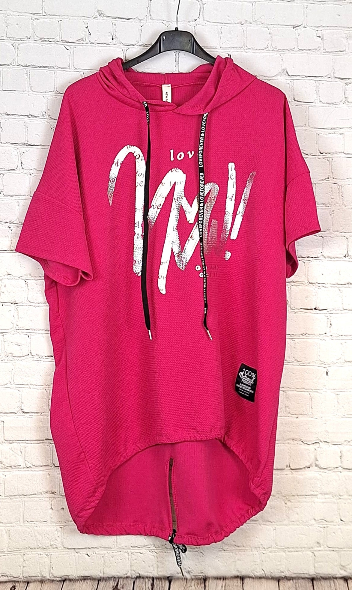 „Pinkfarbenes LOVE Hoodie T-Shirt für Damen – große Größen 48/50–52/54, mit Kapuze und Print – weiches Baumwollshirt“