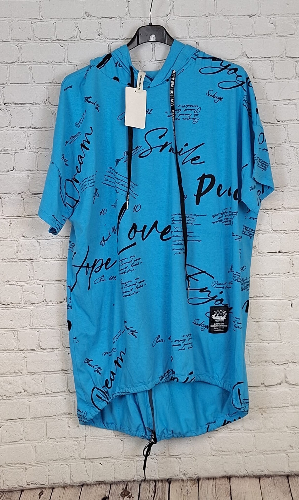 „Blaues Damen Hoodie T-Shirt mit Schrift – große Größen 46/48–50/52 – Curvy Shirt mit Kapuze, Baumwollmischung“