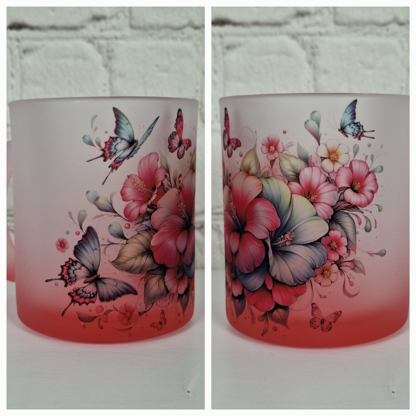 Tasse aus satiniertem Glas mit Farbverlauf, floralen Motiven und Schmetterlingen in Rosa und Pastell