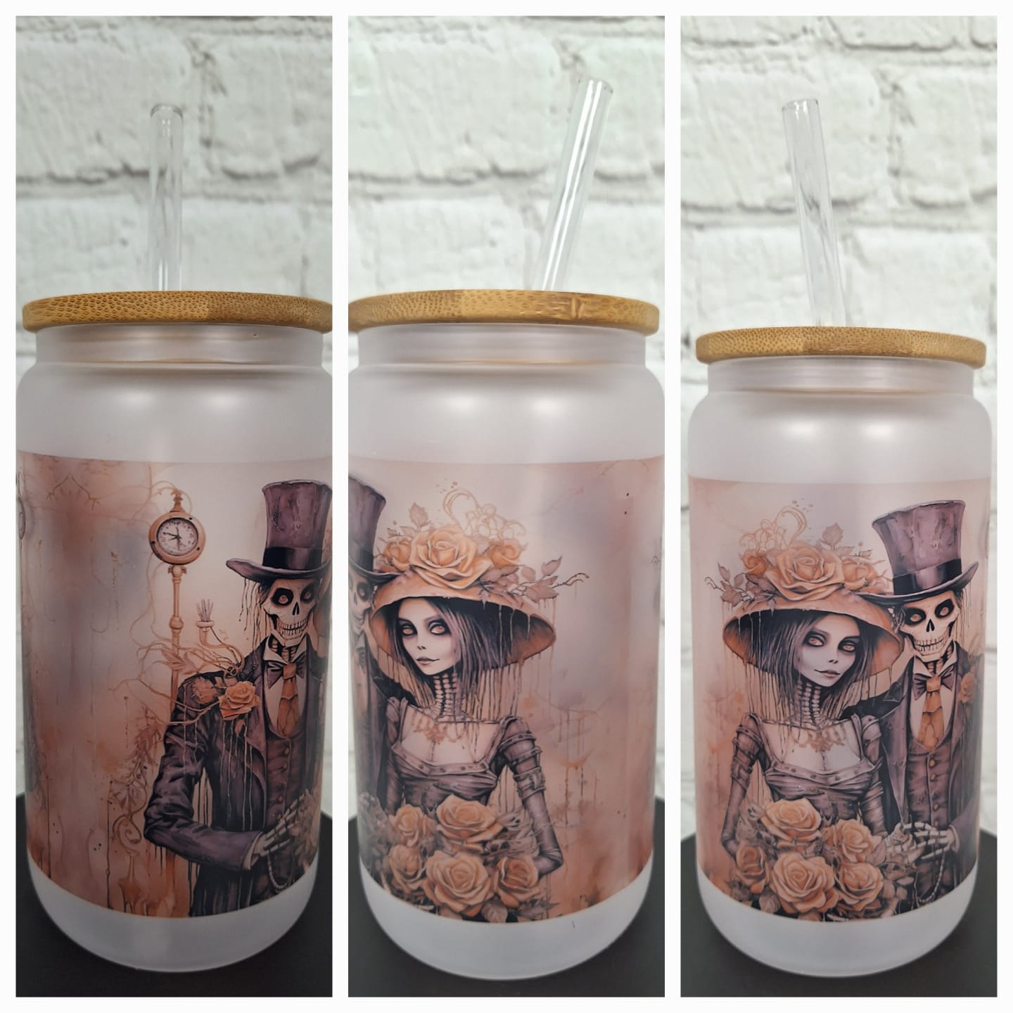 Steampunk Glas mit Skelett & Rosen – 550 ml satiniertes Trinkglas mit Bambusdeckel & Glastrinkhalm | Gothic Style | Sublimiert & Wiederverwendbar