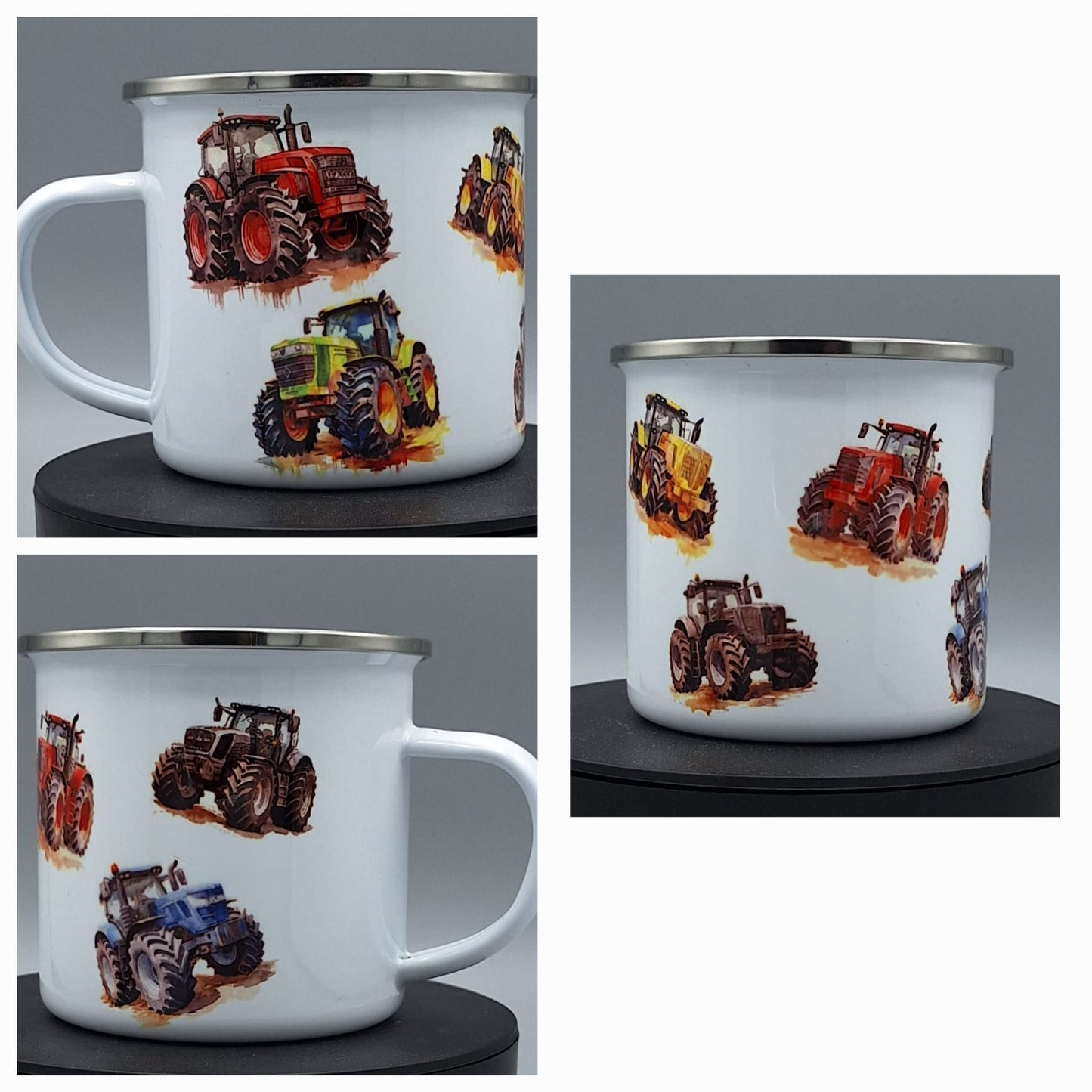Emailletasse mit bunten Traktoren – Kindertasse Traktor – Geschenk für kleine Bauernhof-Fans