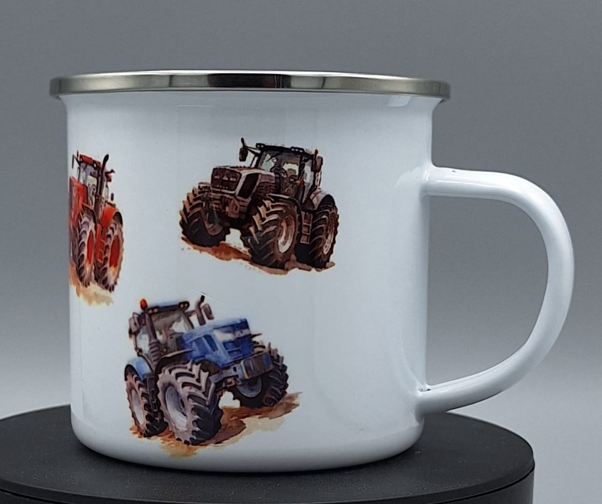Emailletasse mit bunten Traktoren – Kindertasse Traktor – Geschenk für kleine Bauernhof-Fans