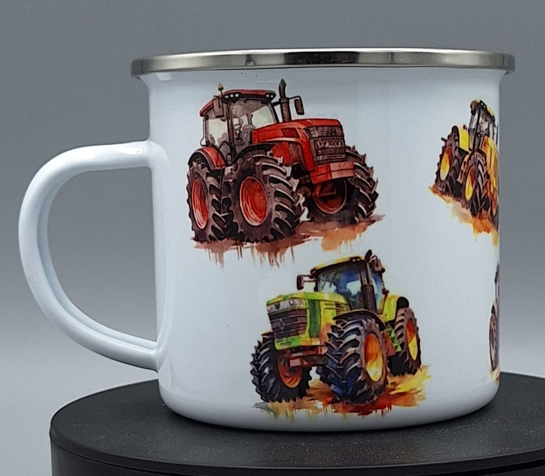 Emailletasse mit bunten Traktoren – Kindertasse Traktor – Geschenk für kleine Bauernhof-Fans