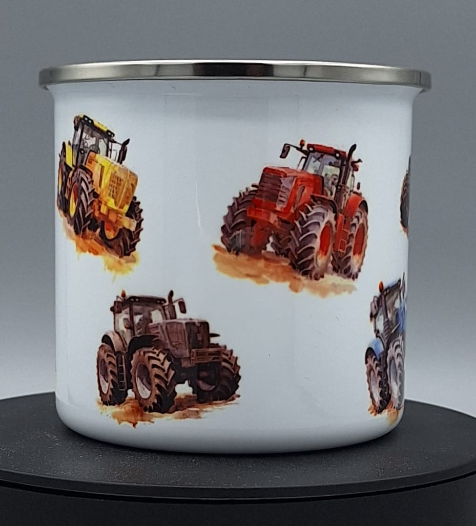 Emailletasse mit bunten Traktoren – Kindertasse Traktor – Geschenk für kleine Bauernhof-Fans