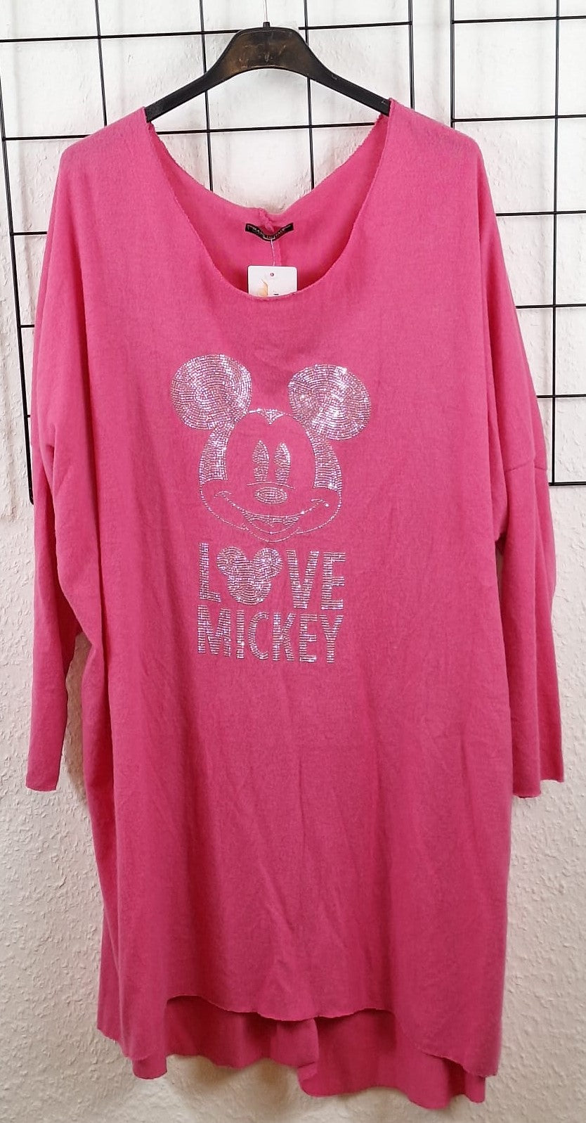 Oversize Longshirt aus Viskosemix mit glitzerndem Cartoon-Gesicht, locker fallender Schnitt, Einheitsgröße tragbar von 44/46 bis 50/52, in Pink