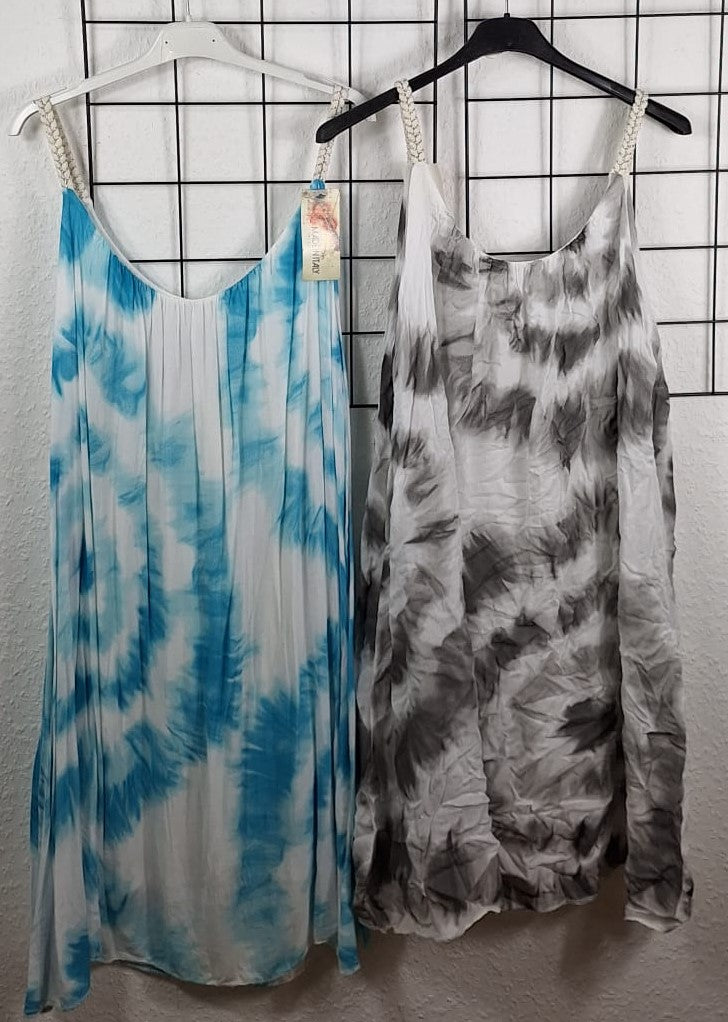 Luftiges Batik-Trägerkleid mit Unterkleid – Viskose Sommerkleid Gr. 38/40 – 48/50 in Türkis oder Grau