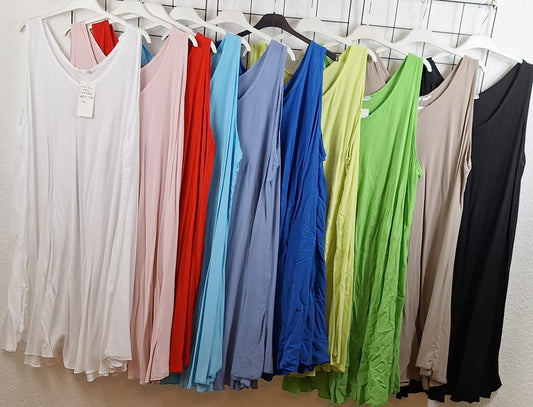 Damen Sommerkleid Plus Size aus Viskose – Einheitsgröße 48/50–52/54 – A-Linie, ärmellos, viele Farben