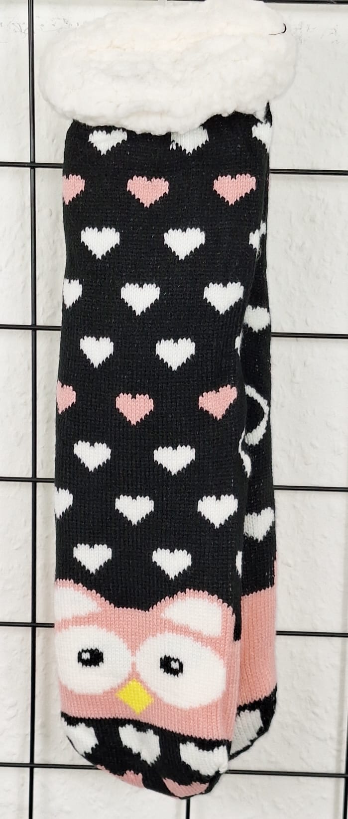 Schwarze ABS-Socken mit weißen und rosafarbenen Herzen und Eulenmotiv – weiche Damen-Haussocken mit rutschfester Sohle