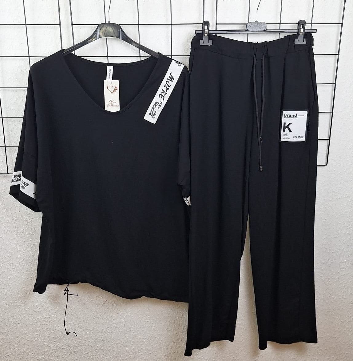 Schwarzer Damen Zweiteiler – Baumwoll-Set Shirt & Hose – bequem für Größen 46/48 bis 50/52

