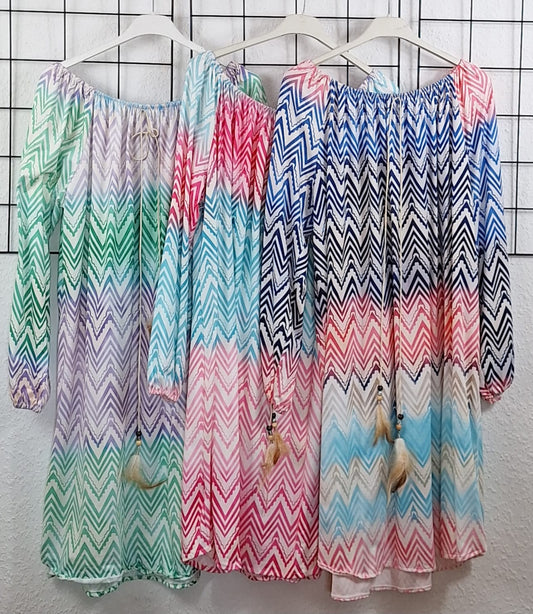 "Damen Boho Strandkleider in verschiedenen Farben – luftig leichtes Sommerkleid mit Zickzack-Muster und elastischem Ausschnitt"
