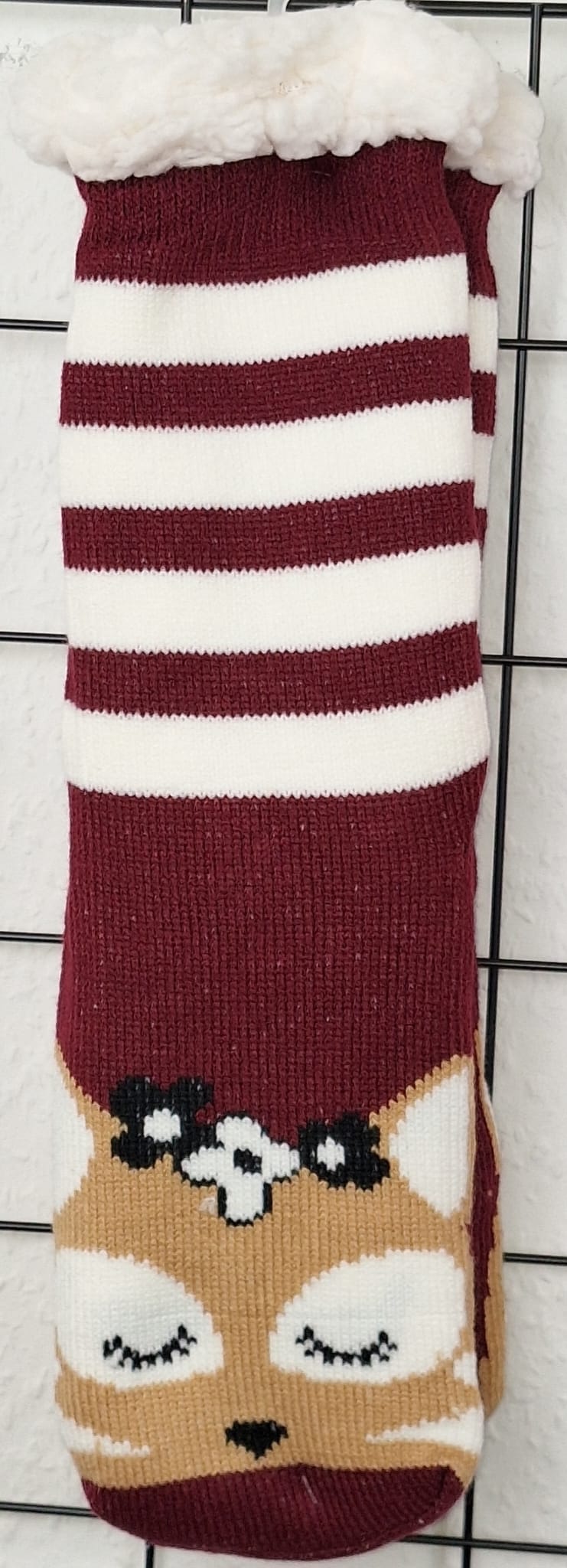 Bordeaux-weiße ABS-Socken mit Katzenmotiv – kuschelige Damen-Socken mit Streifen und Tierdesign