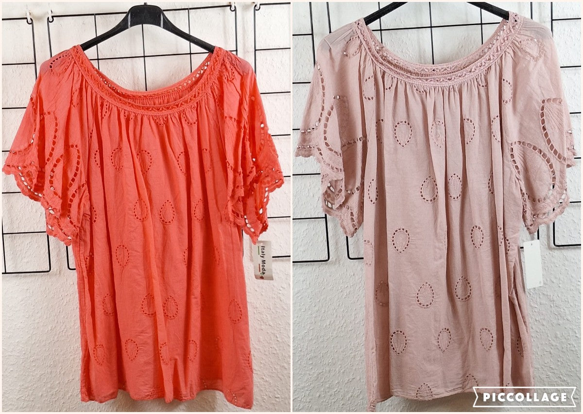 Exklusives Damen-T-Shirt mit Lochmuster und besonderen Ärmeln – 100 % Viskose, Größen 38/40 bis 48/50