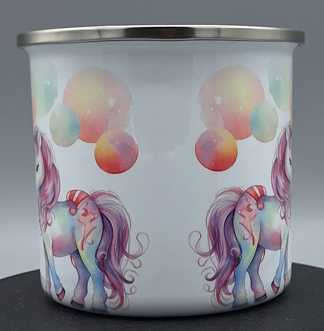 Weiße Emailletasse mit Einhorn-Motiv – robust & langlebig