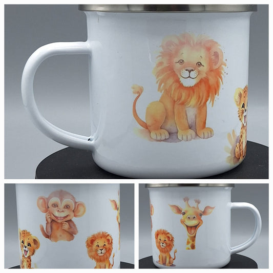 „Emailletasse für Kinder mit Löwe, Affe, Giraffe und Gepard im Aquarellstil“