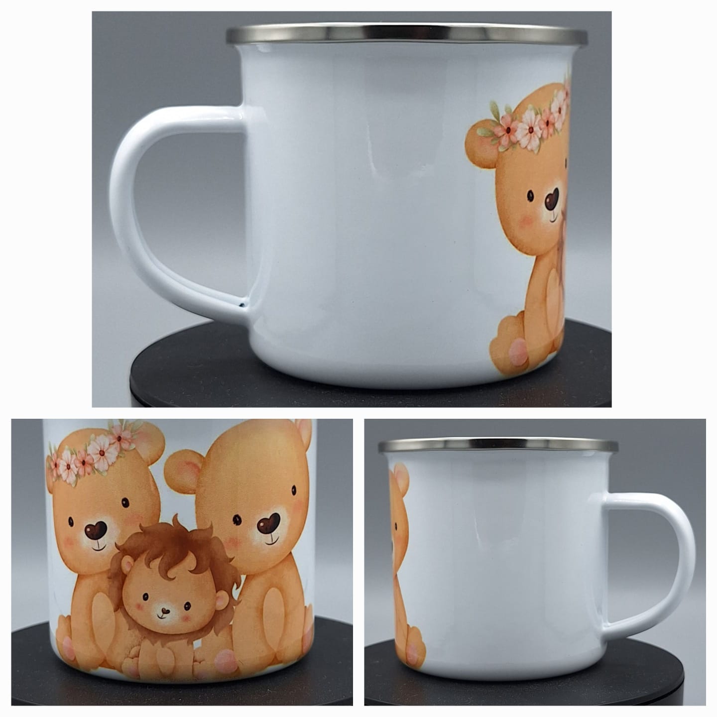 „Weiße Emailletasse mit Mama, Papa & Babybär als Geschenkidee“