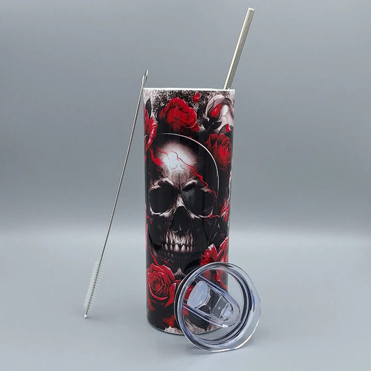 Doppelwandiger Edelstahl Tumbler 20oz – Skull & Roses Design (Handveredelt)