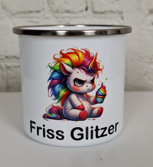 "Emailletasse Einhorn – Friss Glitzer | Lustiger Becher mit Spruch & Regenbogen-Design"