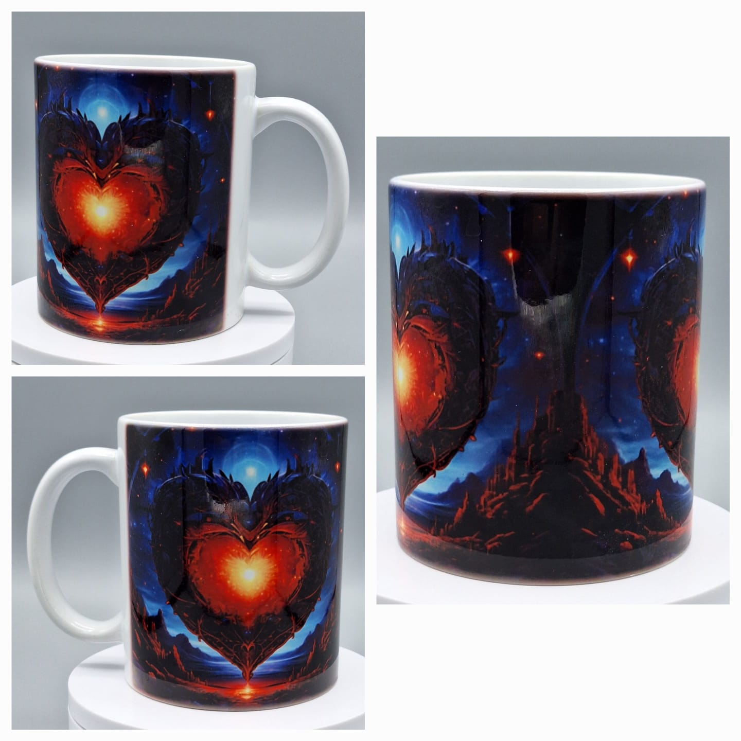 Detailreiche Fantasy-Keramiktasse mit leuchtendem Herzmotiv in brillanten Farben, auf glänzender, weißer Oberfläche – 11oz Tasse mit C-Henkel und hochwertiger Orca-Beschichtung.