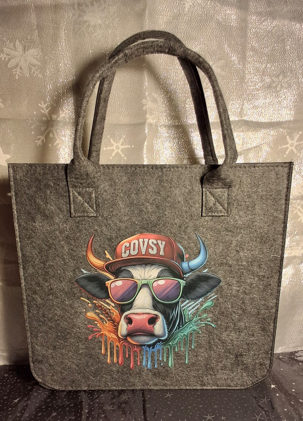 Filztasche aus Filz mit Motiv Kuh 33x17x30 cm
