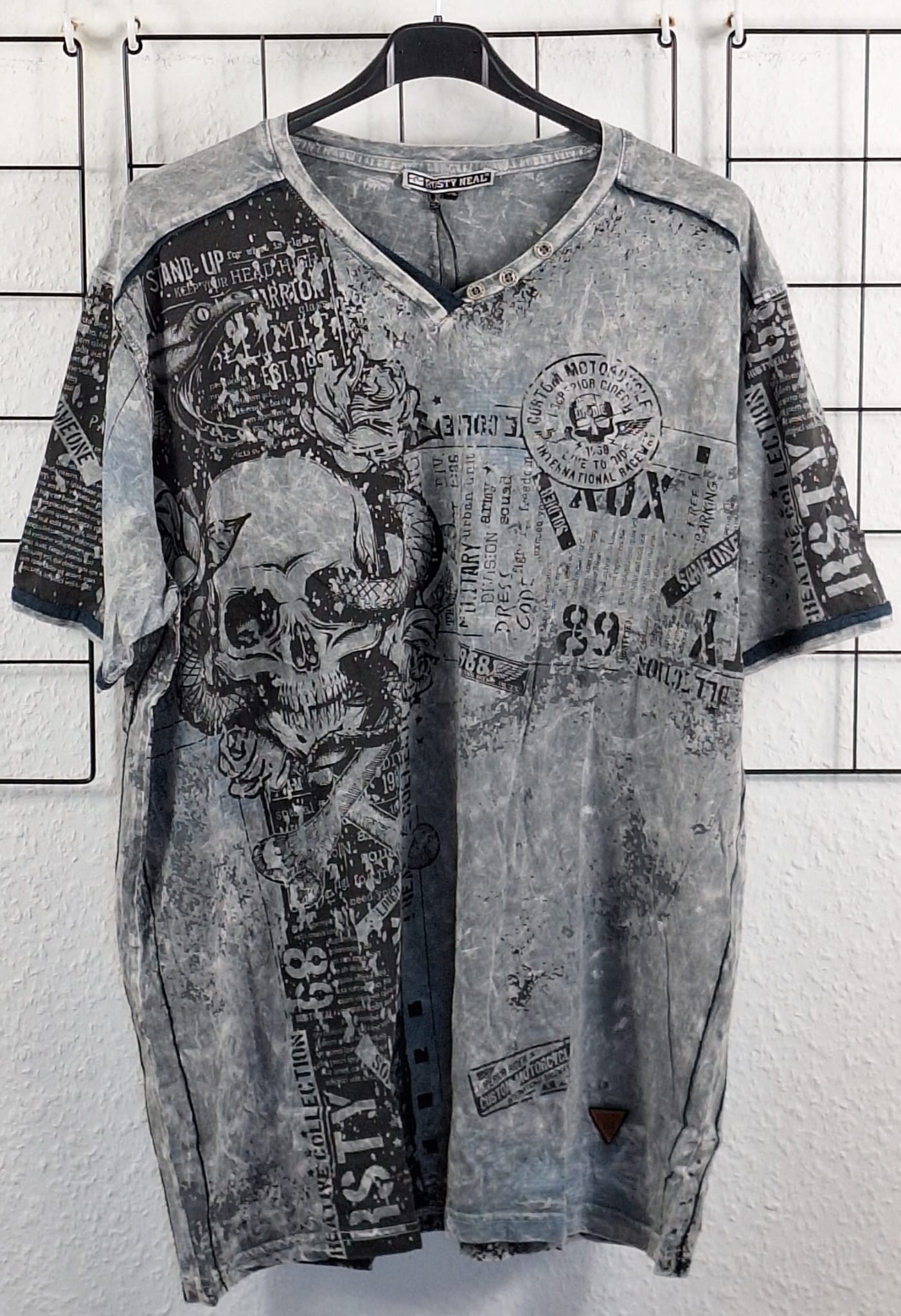Herren T Shirt Olive Skull Print Vintage Used Look große Größen