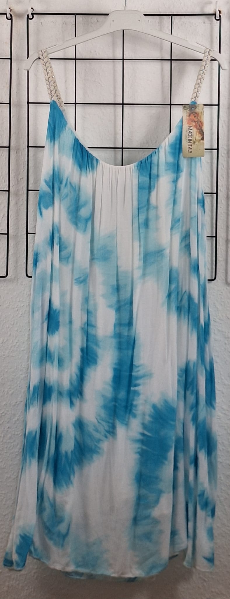 „Batik Sommerkleid Türkis Weiß mit Trägern – luftiges Damenkleid Gr. 38–50“